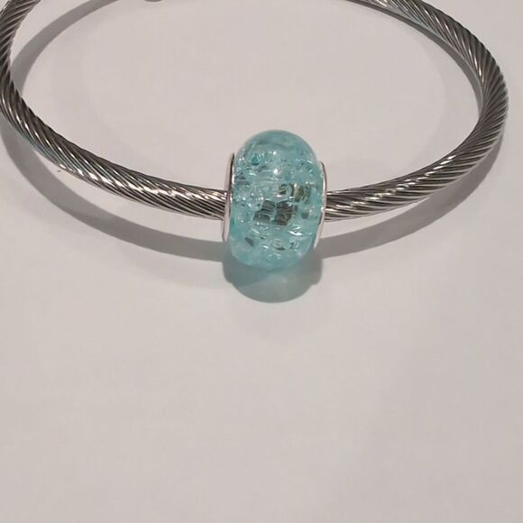 Silver Blue "Crushed Glass" Charm for Pandora Style Bracelet - Picture 1 of 4